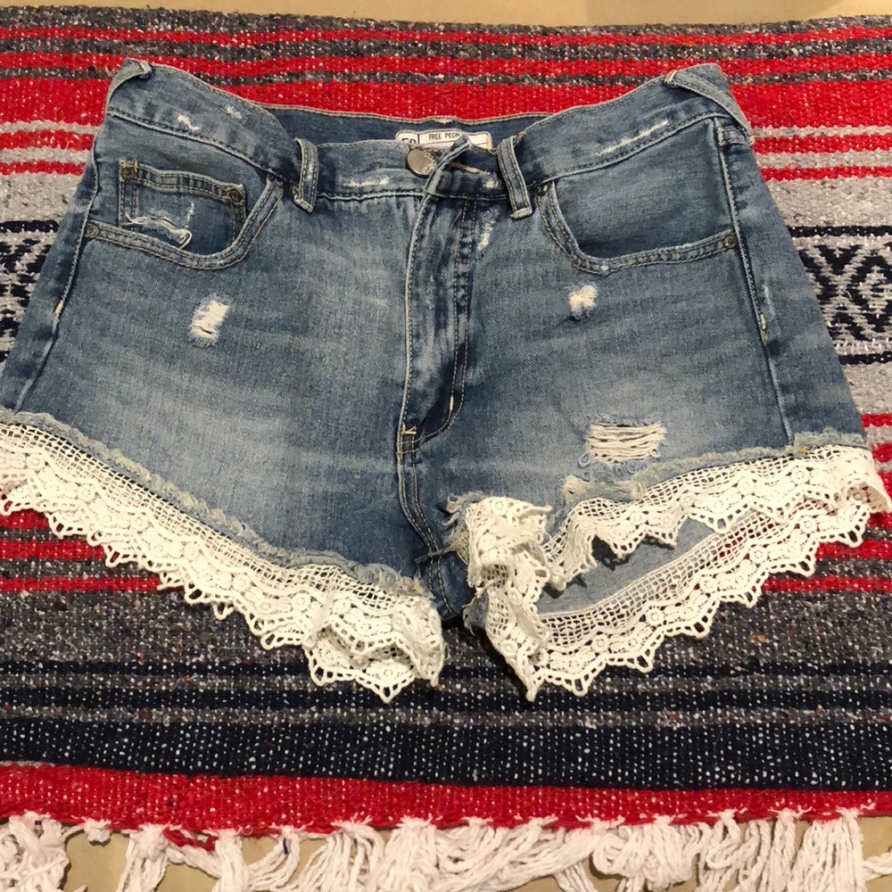 Free People Lace detailed denim shorts